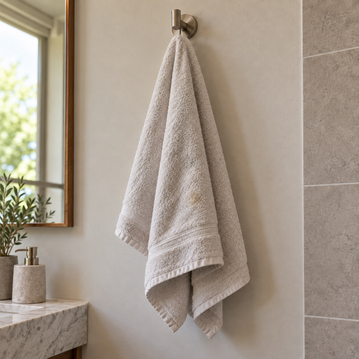 A used towel hanging on a hook in a bathroom