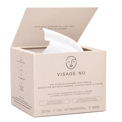 Visage Nu Dry Clinical Hygiene Face Towels, open box with towel